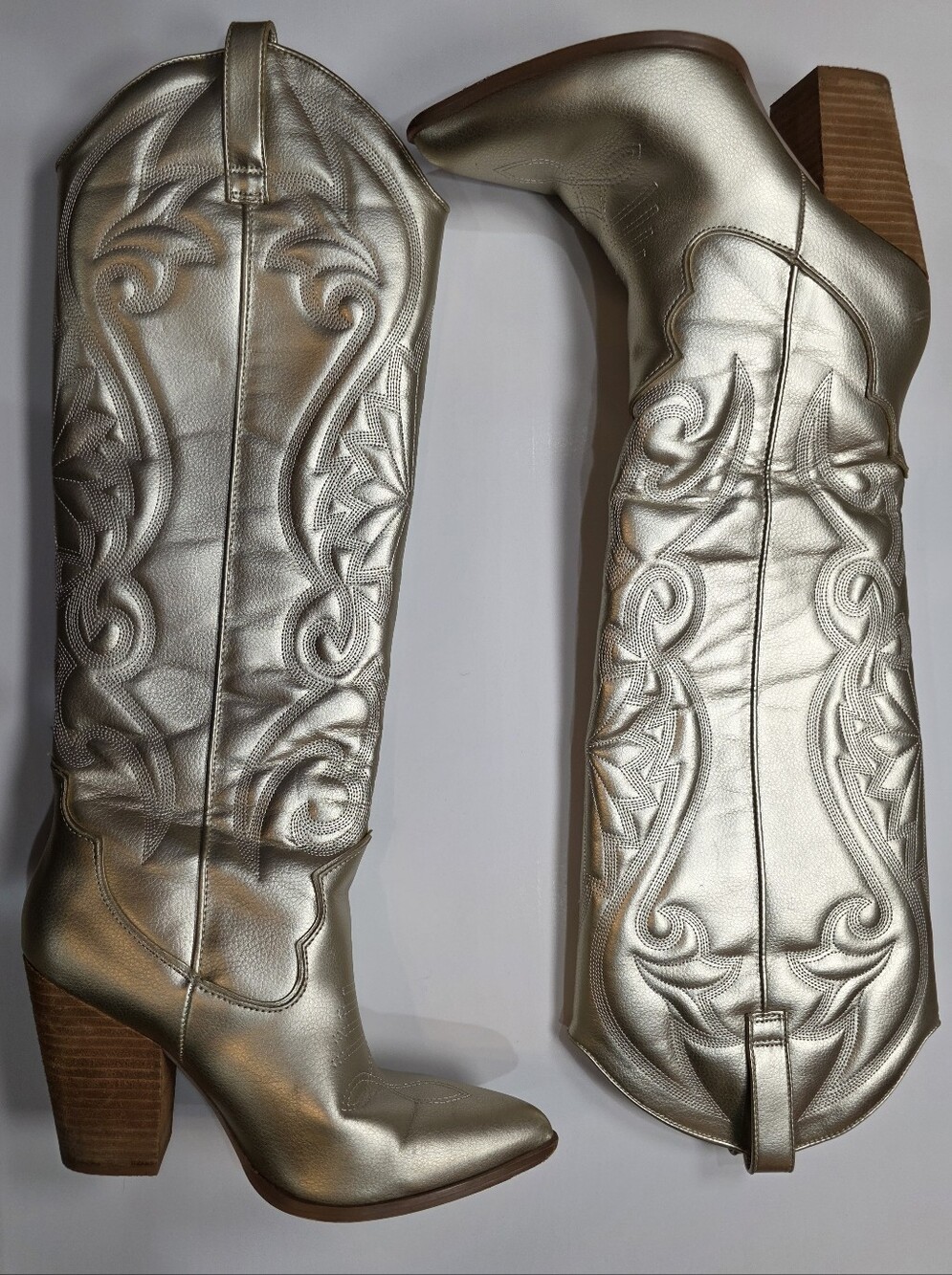 Steve Madden Lesley Metallic Gold Western Cowboy Boots 8.5 Knee High